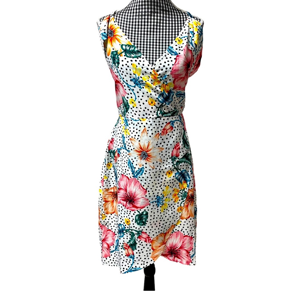 Yilibasha Flouncy Cold Shoulder Faux Wrap Floral Hawaiian Polka Dot Dress Large